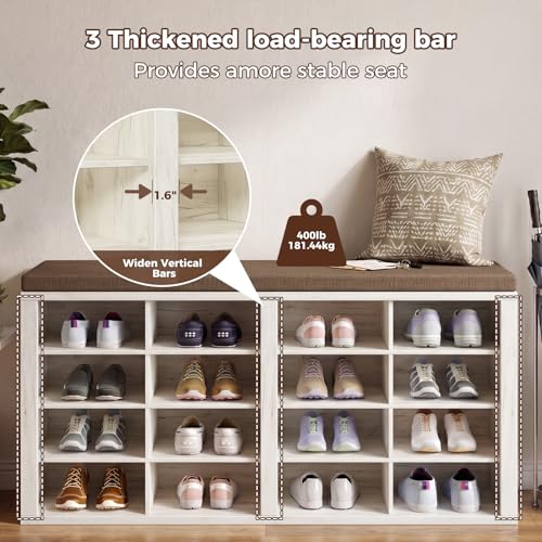 ITEFDTUTNE Shoe Rack Bench 40.94" Entryway Bench with Shoe Storage 16 Cubby Wood Shoe Organizer Bench with Removable Cushion for Hallway, Living Room, Bedroom and Garage - color: White+brown