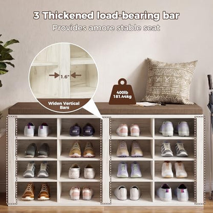 ITEFDTUTNE Shoe Rack Bench 40.94" Entryway Bench with Shoe Storage 16 Cubby Wood Shoe Organizer Bench with Removable Cushion for Hallway, Living Room, Bedroom and Garage - color: White+brown