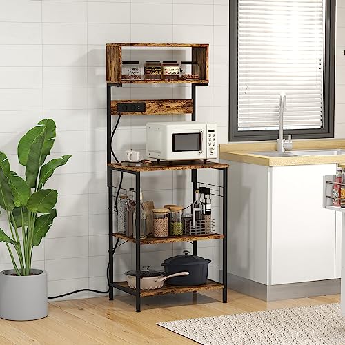 HOMCOM Kitchen Bakers Rack with Storage, Power Outlet, Rustic Brown | USB Charger, Microwave Stand, Coffee Bar with Adjustable Shelves, 5 Hooks