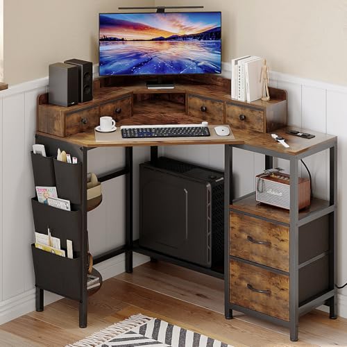 VENNQD Corner Desk with 6 Fabric Drawers Shelves for Small Space Computer Desk with Power Outlets,Gaming Desk with Printer Monitor Stand Storage for Home Office Workstation Writing Table Brown - color: Rustic Brown