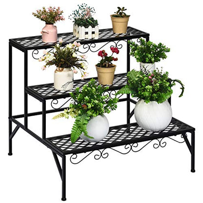 Giantex 3 Tiers Black Metal Plant Stand, Metal Plant Shelf Stands w/ 6-9 Flower Potted Capacity Holders, Multiple Flower Pot Display Rack for Plants Patio Garden Corner Indoor (Rectangular)