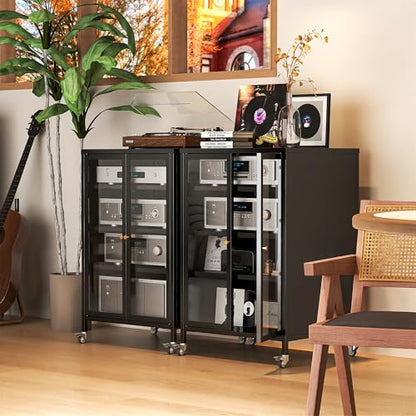 Heavy Duty 4-Tier Media Cabinet, Audio-Video Media Stand with Tempered Glass Doors, Metal Stereo Cabinets with 3 Adjustable Shelves, Storage Cabinet for Entertainment Stereo Component