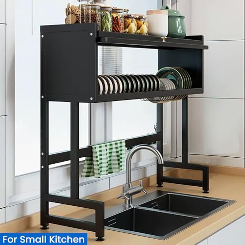 ASIEIT Dish Drying Rack, 3-Tier Over The Sink Dish Drying Rack, 33.5" Over Sink Dish Rack for Small Kitchen, Space-Saving Dish Rack with Cover, Baskets, Utensil, Large Sink Storage Organizer Black