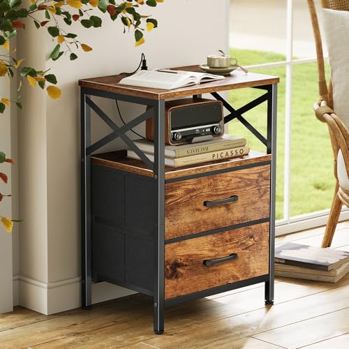Huuger Nightstands Set of 2, Night Stand with Charger Station, 2 Drawer Side Table with Open Shelf, USB-C Port, End Table for Small Spaces, X Shaped Side Rail, Rustic Brown - color: Rustic Brown