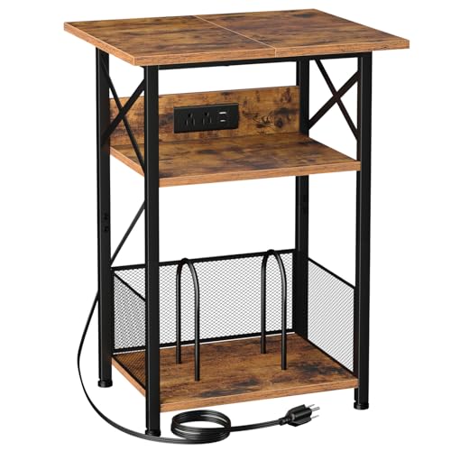 AMHANCIBLE Record Player Stand with Charging Station, Vinyl Record Storage | Large Turntable Stand with Type-C, Vinyl Record Player Table Holds 100 Albums, 3 Tier End Table Living Room, Rustic Brown - color: Brown, size: W 18.89" x D 15.74"