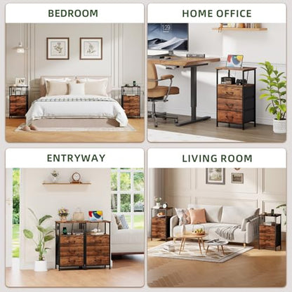 Somdot Nightstands Set of 2 with 3 Drawers, Charging Station & LED Light | Open-Shelf End Tables for Bedside, Small Spaces, Bedroom, Entryway and Hallway, Brown - color: Brown, size: 11.8"D x 15.7"W x 28.3"H (3 Drawers)