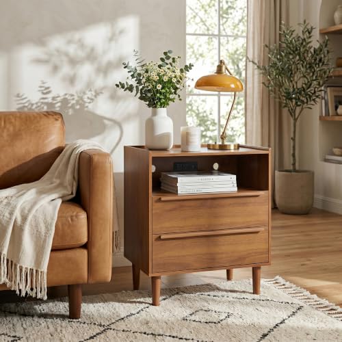 26 Inch Tall Warm Walnut Nightstand with Charging Station, 2 Drawers | 24 inch wide, 16 inch deep design with raised-edge tray top, open shelf, hidden storage, and mid century appeal - color: Warm Walnut
