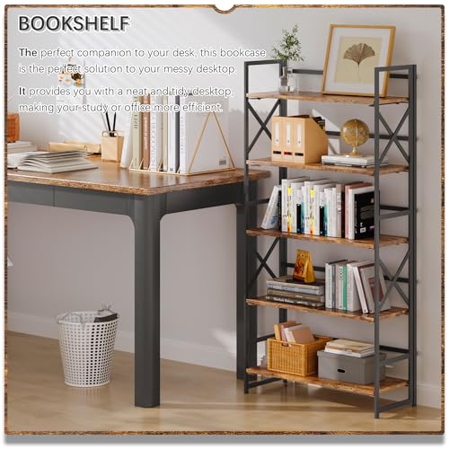 4NM 5 Tiers No Assembly Book Shelves, 51.2" H Folding Bookshelf Bookcase Open Industrial Foldable Shelves for Bedroom, Living Room, Home Office - Rustic Brown Black - color: Rustic Brown Black, size: XX 5-Tier