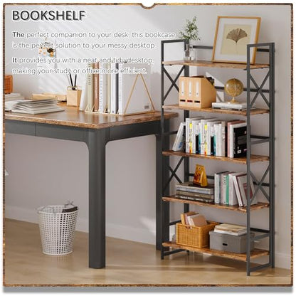 4NM 5 Tiers No Assembly Book Shelves, 51.2" H Folding Bookshelf Bookcase Open Industrial Foldable Shelves for Bedroom, Living Room, Home Office - Rustic Brown Black - color: Rustic Brown Black, size: XX 5-Tier