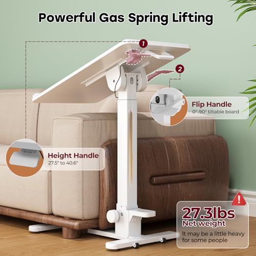Foldable Mobile Standing Desk, 27 Inch Small Rolling Laptop Cart Height Adjustment, 90° Tiltable Bedside Table, No Assembly Needed Portable Computer Workstation, White - color: White