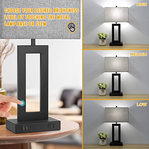 Set of 2 Modern Touch Control Table Lamps with 2 USB Ports, 22’’ Large Bedside Nightstand Lamps 3-Way Dimmable Desk Lamp With Grey Fabric Shade For Bedrooms Living Room Reading, 2 LED Bulbs Included | 3 Way Dimmable, Touch Control, Grey Fabric Shade, E26