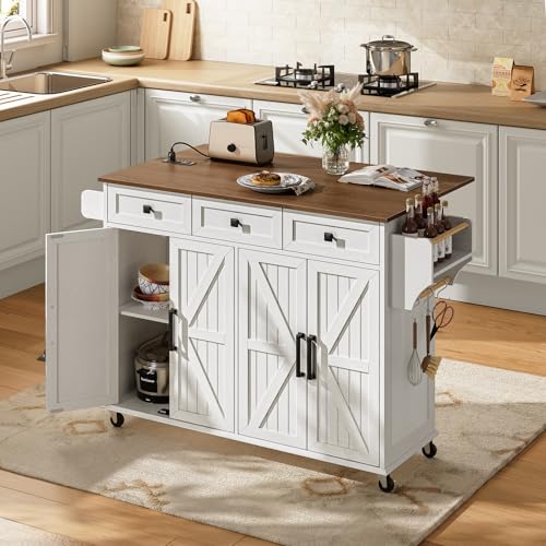 RALGEND Kitchen Island with Drop Leaf & Power Outlet, Rolling Kitchen Island Cart On Wheels, Barn Door Kitchen Island Table with Storage and Tower Rack, Island Table for Kitchen, White and Walnut - color: White + Walnut