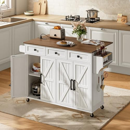 RALGEND Kitchen Island with Drop Leaf & Power Outlet, Rolling Kitchen Island Cart On Wheels, Barn Door Kitchen Island Table with Storage and Tower Rack, Island Table for Kitchen, White and Walnut - color: White + Walnut