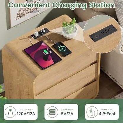 Standifurno 3 Drawers Nightstand with Charging Station, Modern Wood 25" Tall Curved Night Stand, Large End Table Bedside Table for Bedroom, Office, Sofa, Natural - color: Natural, size: 3 Drawers (1PC)