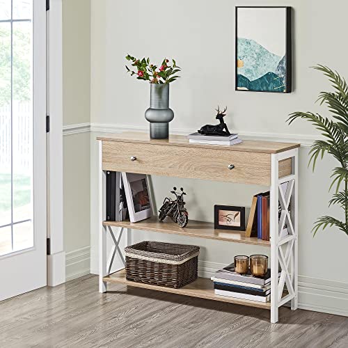 Topeakmart Sofa Console Table with 1 Drawer and 2 Open Storage, 3-Tier Hallway Table with Drawer for Living Room, Retro Console Table for Entryway, Light Oak - color: Light Oak, style: without Power Outlet