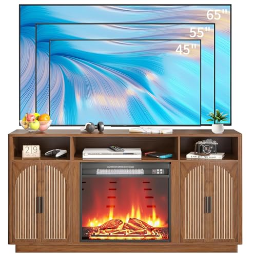 59 Inch Fireplace TV Stand with 23'' Electric Fireplace, Mid Century Modern Fluted Entertainment Center for TVs up to 65", TV Console with Storage for Living Room, Bedroom (Walnut,With Fireplace) - size: With Fireplace
