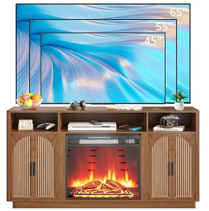 59 Inch Fireplace TV Stand with 23'' Electric Fireplace, Mid Century Modern Fluted Entertainment Center for TVs up to 65", TV Console with Storage for Living Room, Bedroom (Walnut,With Fireplace) - size: With Fireplace