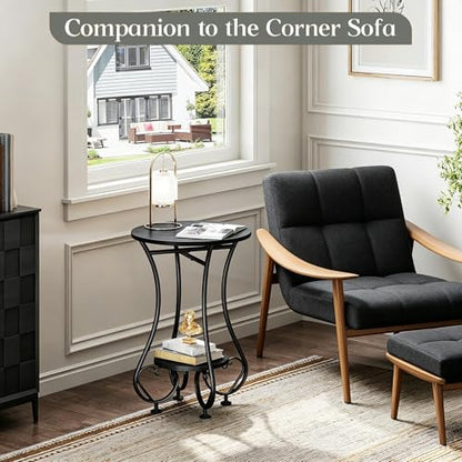 X-cosrack Small Round Side Table,Round End Table for Small Spaces - Black Metal Nightstand with Adjustable Feet,Couch Sofa Coffee Table,Retro Accent Table for Living Room Bedroom Balcony - color: Black Spliced Wood