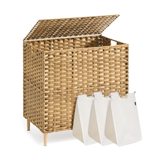 SONGMICS 3-Section Laundry Hamper with Lid, 42.2 Gal (160L) PE Rattan Laundry Basket with Removable Washable Liners, for Bedroom & Living Room, Goose Yellow ULCB223YE01 - color: Goose Yellow, size: 160 L (3 Basket)