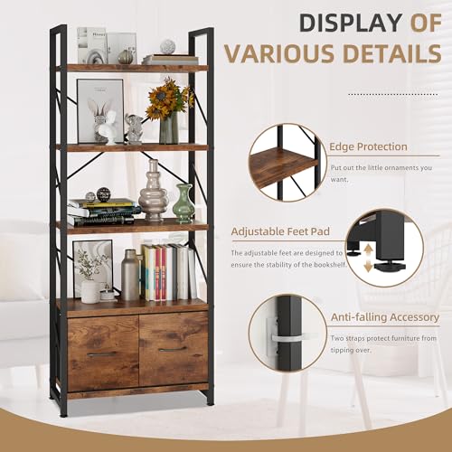 Vongrasig 5 Tier Bookshelf with 2 Drawers, Industrial Tall Bookcase, Modern Display Bookshelves Wood and Metal Shelf, Free Standing Storage Organizer for Office, Living Room, Brown - color: Brown With Drawers