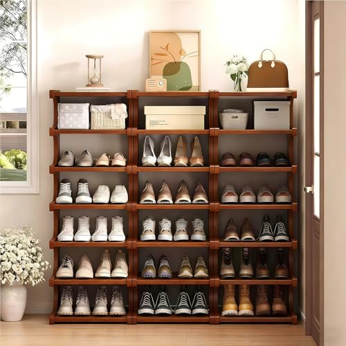 7-Tier Vertical Shoe Rack, Bamboo Free Standing Shoe Rack Shelf, Shoe Storage Stand, Entryway Shoe Tower, Vertical Shoe Organizer for Narrow Closet, Entryway, Hallway - color: Walnut Brown
