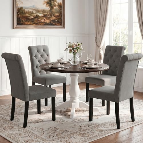 LSSBOUGHT Upholstered Dining Chairs Set of 6,Tufted Parsons Kitchen Chair with Solid Wood Legs, Modern Towel Fabric Side Chair for Dining Room/Restaurant(6pcs,Gray) - color: Gray-fabric, size: Set of 6