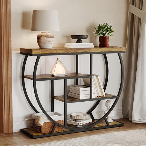 Garvee Entryway Table with Storage, Industrial 4-Tier Narrow Console Table Behind Couch with Half-Circle Base & Storage Shelves for Living Room, Hallway, Foyer - color: Rustic Brown