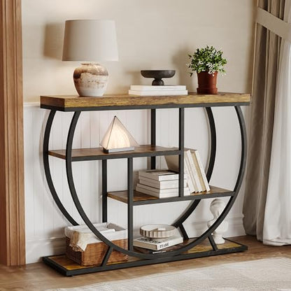 Garvee Entryway Table with Storage, Industrial 4-Tier Narrow Console Table Behind Couch with Half-Circle Base & Storage Shelves for Living Room, Hallway, Foyer - color: Rustic Brown