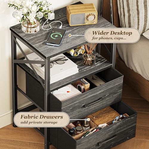 Huuger Nightstands Set of 2, Night Stand with Charger Station, 2 Drawer Side Table with Open Shelf, USB-C Port, End Table for Small Spaces, X Shaped Side Rail, Charcoal Black - color: Charcoal Black Wood Grain Print