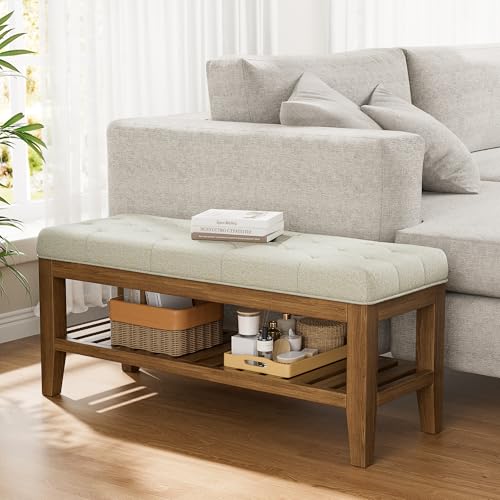 YaFiti End of Bed Storage Bench, 42.9" Entryway Shoe Bench with Solid Wood Shelf, Upholstered Ottoman with Padded Seat for Bedroom, Hallway and Living Room, Beige - color: Beige