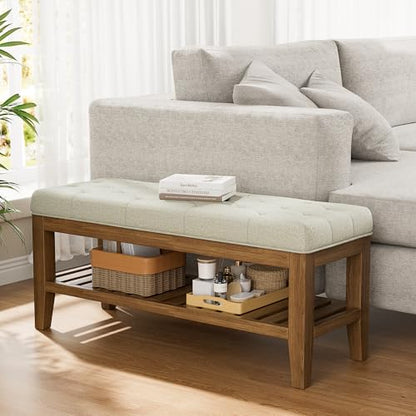 YaFiti End of Bed Storage Bench, 42.9" Entryway Shoe Bench with Solid Wood Shelf, Upholstered Ottoman with Padded Seat for Bedroom, Hallway and Living Room, Beige - color: Beige