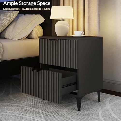 Black Fluted Nightstand Set of 2, Modern Night Stands with 2 Drawers | Bedside Table for Twin/Full/Queen Bed, End Table with Robot-friendly Metal Legs for Bedroom, Living Room - color: 2 Drawers-2pcs-black
