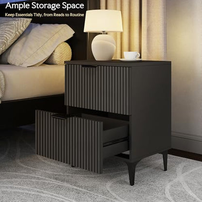 Black Fluted Nightstand Set of 2, Modern Night Stands with 2 Drawers | Bedside Table for Twin/Full/Queen Bed, End Table with Robot-friendly Metal Legs for Bedroom, Living Room - color: 2 Drawers-2pcs-black
