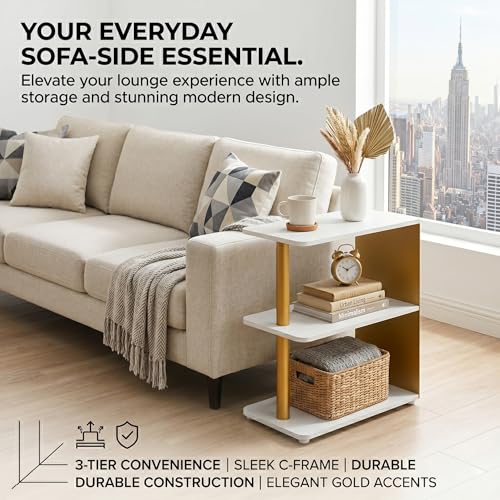 3-Tier Narrow End Table, Industrial Slim Side Table for Small Spaces, Sofa Couch Table Accent Nightstand with Storage Shelves for Living Room, Bedroom, Gold and White - color: Gold