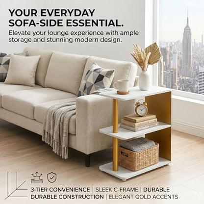 3-Tier Narrow End Table, Industrial Slim Side Table for Small Spaces, Sofa Couch Table Accent Nightstand with Storage Shelves for Living Room, Bedroom, Gold and White - color: Gold