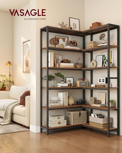 VASAGLE 6 Tier Bookshelf with Metal Frame, Convertible Industrial Corner Shelf, 9.4 x 52.8 x 69 Inches, for Living Room, Bedroom, Home Office, Rustic Brown and Ink Black ULLS806K01 - size: 6 Tiers (52.8"W)