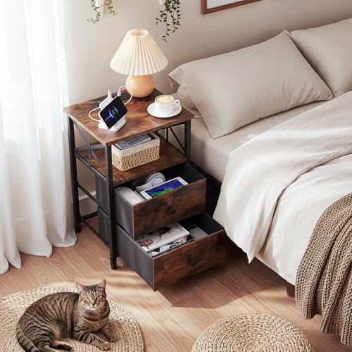 AMHANCIBLE Nightstands Set of 2, Large Night Stand with Charging Station | Bedside Table, 2 Fabric Drawers, End Side Tables Living Room, with Open Shelf, USB Ports Outlets, for Bedroom, Rustic Brown - color: Rustic Brown