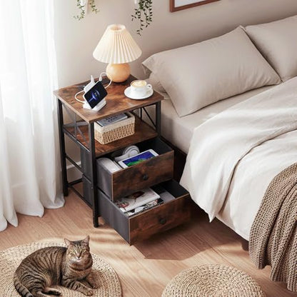 AMHANCIBLE Nightstands Set of 2, Large Night Stand with Charging Station | Bedside Table, 2 Fabric Drawers, End Side Tables Living Room, with Open Shelf, USB Ports Outlets, for Bedroom, Rustic Brown - color: Rustic Brown
