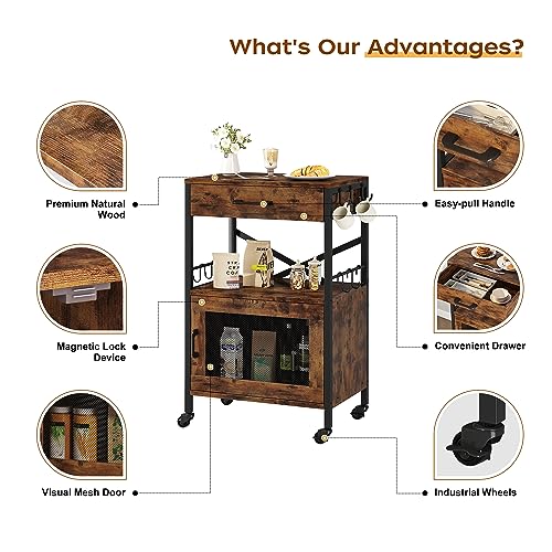 Homeiju Kitchen Island Cart, Kitchen Storage Cart with Drawer, Microwaves Stand, Coffee Cart, Rolling Kitchen Cabinet Cart with Hooks for Kitchen, Dining Room - color: Black and Brown
