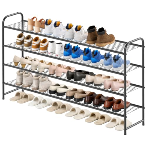 KEETDY 4-Tier Long Shoe Rack for Closet Metal Shoe Organizer for Entryway, Wide Stackable Shoe Storage Shelf with Sturdy Wire Grid for Closet Floor, Bedroom, Black - color: Black, size: 11.4x43x32.4