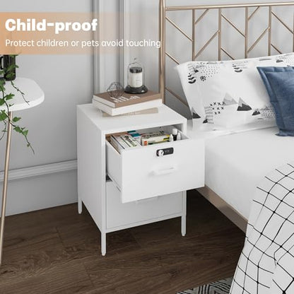 Steehoom Nightstand,2 Drawer Metal Locker End Table Lockable Bedside Table Storage Cabinet for Bedroom, Dorm, 21.26”H X 15.75”W X 15.75”D (2 Drawer, White) - color: White, style: 2 Drawer