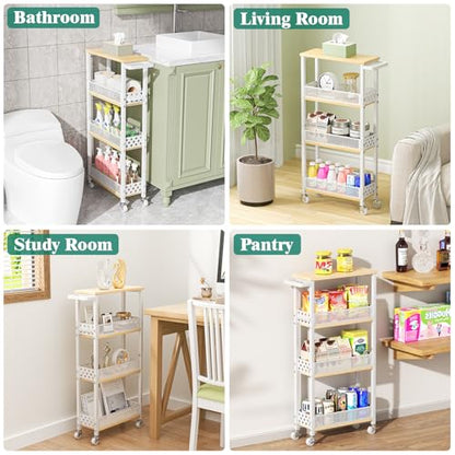 4-Tier Slim Rolling Storage Cart for Kitchen Bathroom Organizer, Mobile Narrow Storage Cabinet Utility Cart with Wood Rack on Wheels for Pantry Laundry Small Space, White - size: White/Net Bar