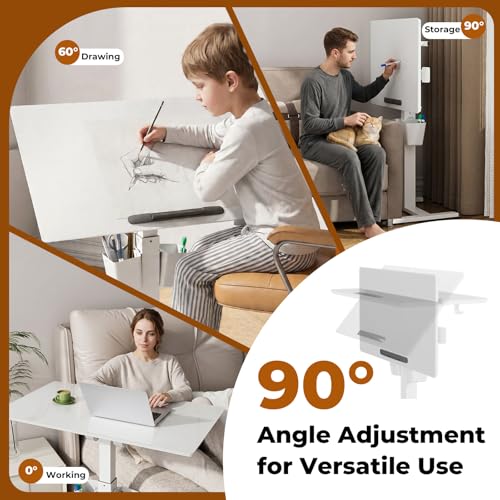 35" Glass Mobile Standing Desk with 90° Tilt, Rolling Whiteboard on Wheels | Height Adjustable Portable Drafting Table with Storage, Small Foldable Laptop Desk for School Home Office, White