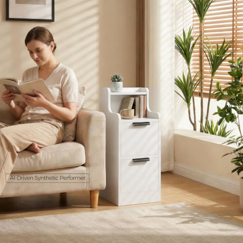 MAHANCRIS Narrow Nightstand with LED Light, Small Side Table with 2 Drawers, Open Shelf, Modern Bedside Table, Slim End Table for Small Spaces, Skinny Night Stand for Bedroom, White ETWT35E01 - color: White