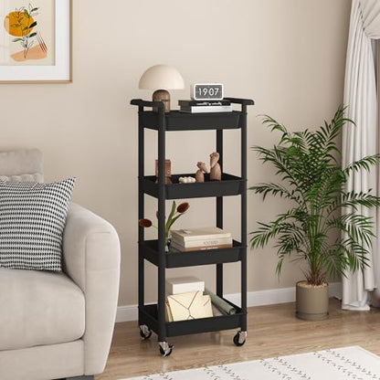 MIOCASA 4-Tier Utility Rolling Cart with Detachable Tray Top, Kitchen Storage Organization, Art Cart with Wheels for Office, Classroom, Livingroom, Kitchen, Bathroom, Black, Plastic - size: 4-Tier, style: Black