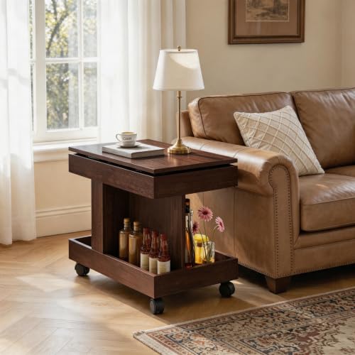 Multifunctional End Table with Wheels and 360° Rotating Desktop | Rolling Design, Storage Compartment, Sofa Side Narrow Table, Bedside Use, Living Room & Bedroom - color: Walnut-7.15