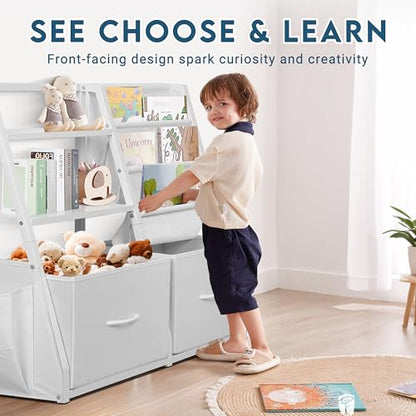 LOFTEY Kids Bookshelf and Toy Storage, Toy Box with Bookshelf, White | 29.5" Child-Friendly Height, 2 Large Fabric Drawers, 4 Sling Book Pockets, Anti-Tip Straps, for Nursery, Bedroom and Playroom