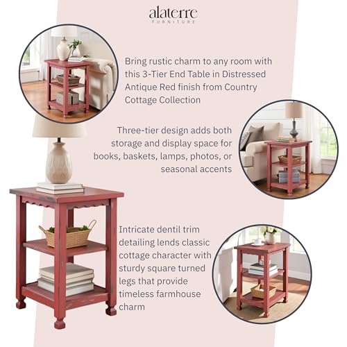 Alaterre Furniture Country Cottage Rustic Farmhouse Nightstand – 3-Tier Narrow End Table with Weathered Faded Finish, Carved Edges, & Turned Legs (Distressed Antique Red)