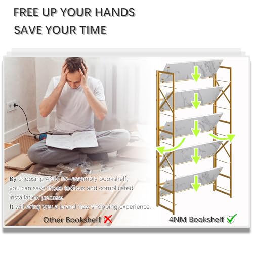4NM Extra Wide 5 Tiers No Assembly Book Shelves, 51.2" H Folding Bookshelf Bookcase Open Industrial Foldable Shelves for Bedroom, Living Room, Home Office - White Gold - color: White Gold, size: Wide XX 5-Tier