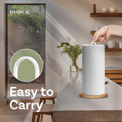Paper Towel Holder - Wooden Countertop Stand with Non-Slip Wood Base, Minimalistic Modern Style for Kitchen, Home, Office (White) - color: Bamboo/White